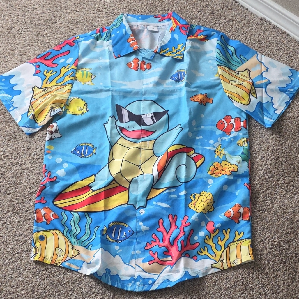 Blue Cartoon Surfing Turtle Short-Sleeve Button-Down Shirt